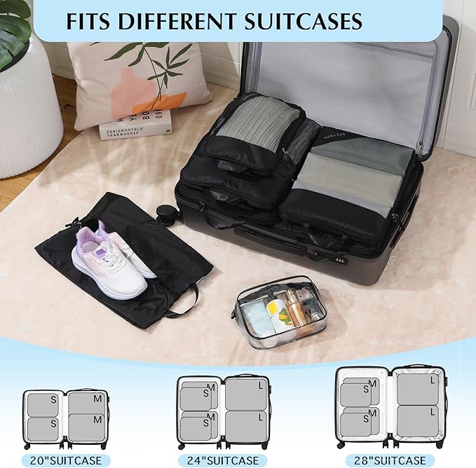 PFEYRPK Lightweight Compression Packing Cubes for Suitcases, Compressible Expandable Travel Packing Organizer with Clear Toiletries and Backpack Bag, Travel Essentials for Carry on Luggage 7 Set