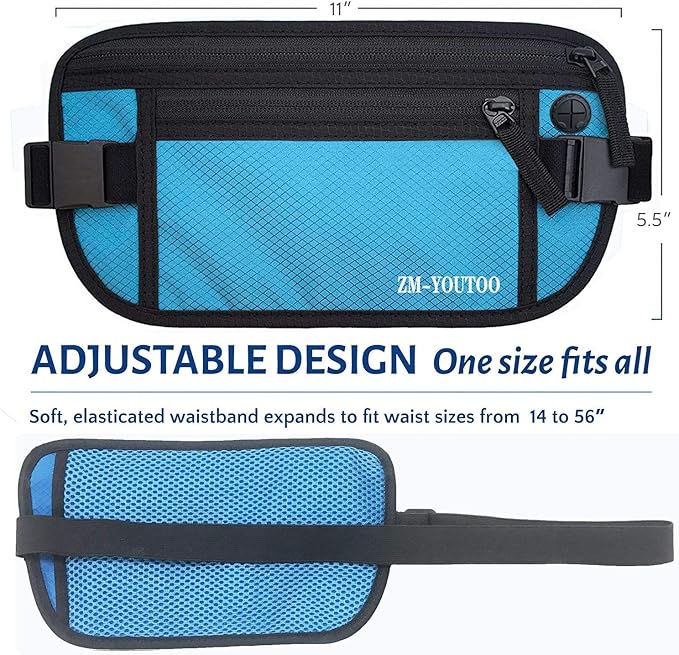 ZM-YOUTOO Money Belt for Travel - Hidden Travel Pouch Protect Your Credit and Money With RFID Blocking Passport Holder Waist Wallet (Blue)