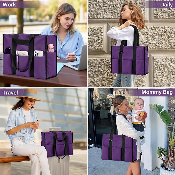 Becokan Large Tote Bag for Women Waterproof with 12 Pockets Top Zipper Closure Utility Teacher Nurse Bags for Work School