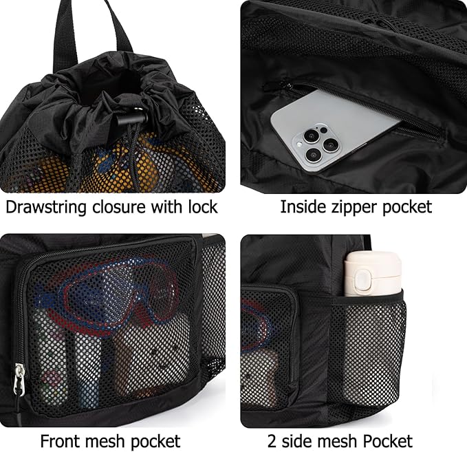 Swim Bag for Kids Mesh Beach Backpack for Boys Lightweight Drawstring Beach Bag Swimming Pool Sports Gym String Bag (Black)