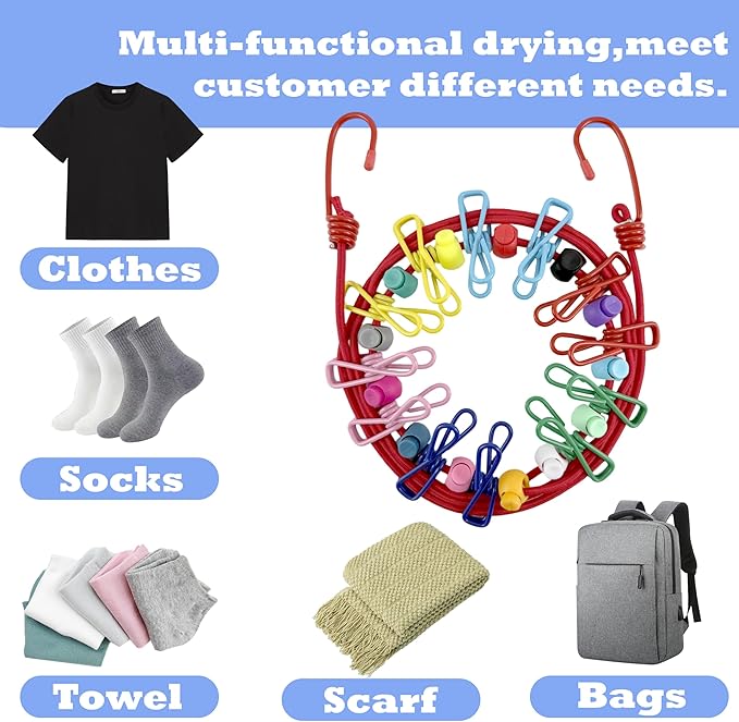 Portable Travel Clothesline,Adjustable Elastic Stretch Line with 12pcs Clothes Clips,for RV Outdoor and Indoor Camping Accessories (Red)
