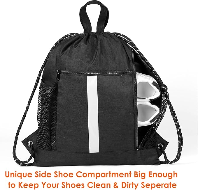 BeeGreen Mix-Black-Drawstring-Backpack-Bag, Large String Sack with Shoe Compartment and Two Side Mesh Pockets Lightweight Sturdy For Gym