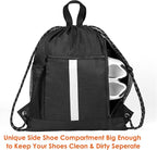 BeeGreen Mix-Black-Drawstring-Backpack-Bag, Large String Sack with Shoe Compartment and Two Side Mesh Pockets Lightweight Sturdy For Gym