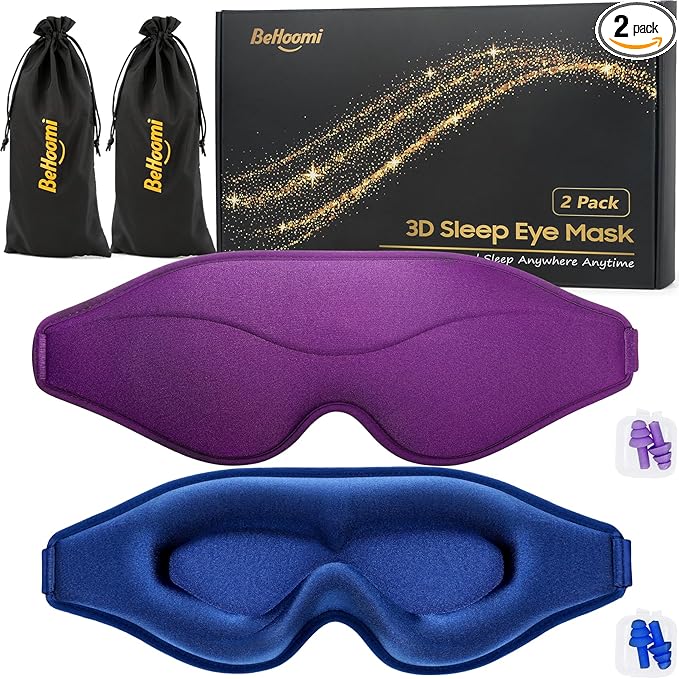 BeHoomi Sleep Mask, 2 Packs Premium Eye Mask for Sleeping, Total Blackout, Superior Soft Comfort, Upgraded 3D Ergonomic Designed Sleeping Mask for Home, Office, Travel, Meditation, Yoga, Blue & Purple