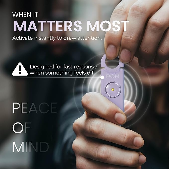 POM Personal Safety Alarm for Women – 130dB Loud Emergency Siren, USB-C Rechargeable with Bright LED Flashlight, Portable Keychain Design for Self Defense, Purse, Backpack & Travel (Lavender)