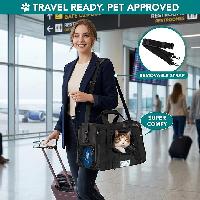 PetAmi Airline Approved Pet Carrier for Cats & Small Dogs, Soft Sided TSA Travel Carrier Bag with Sherpa Bed, Breathable Mesh Ventilation, Collapsible Bowl, Fits Under Seat, Up to 18 lbs, Large Black
