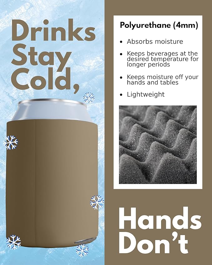 PartyPrints 25 Pack Taupe Blank Can Cooler Sleeves, Customizable Bulk Insulated Foam for Beer, Collapsible Plain Drink Holder, Cold Soda Insulator, 12oz Regular, 16oz Tall Cans