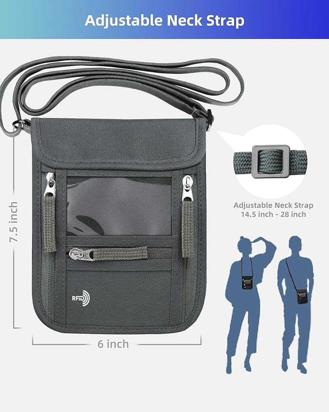 WALNEW Passport Holder Neck Pouch Travel Wallet for Women and Men, RFID Blocking Security Slim Traveling Wallet with Around Neck Lanyard Strap, Gray