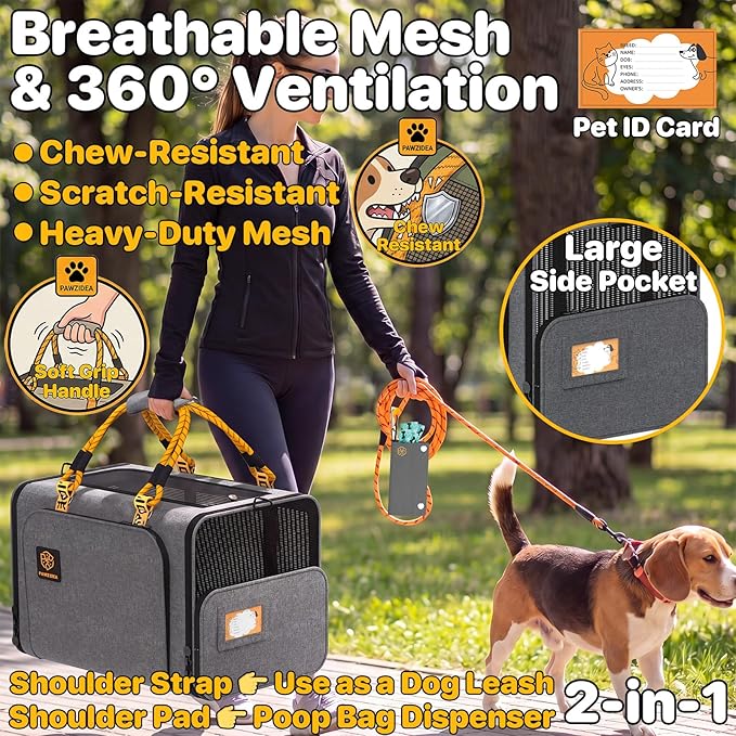 PAWZIDEA Expandable Large Pet Carrier, 24"×16"×16" Soft-Sided Cat Carrier for 2–4 Cats up 55lb, Portable & Collapsible Small Medium Dog Travel Crate for Car, XL Storage Pocket, ID Card, Shoulder Strap