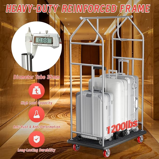 Hotel Luggage Cart with Top Frame, Bellman's Cart with Red Rubber Wheels, Rectangular Refined Stainless Steel Commercial Grade Hotel Luggage Trolley with Black Carpeted Deck for Hotels