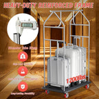 Hotel Luggage Cart with Top Frame, Bellman's Cart with Red Rubber Wheels, Rectangular Refined Stainless Steel Commercial Grade Hotel Luggage Trolley with Black Carpeted Deck for Hotels