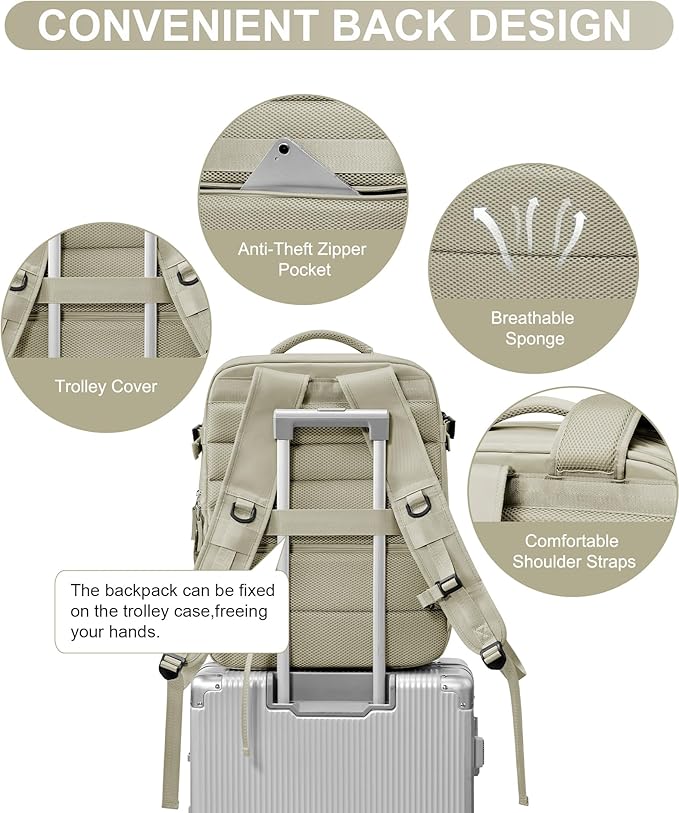 WONHOX Large Travel Backpack Women,Carry On Backpack Flight Approved 18x14x8 inches Bag Spirit Airlines Personal ltem,College Sports Hiking Rucksack Laptop Blackpack mochila de viaje,Brown