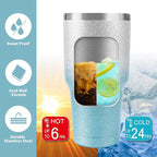 D·S 30 oz Tumbler Blue Glitter Gradient Cup Stainless Steel Double Wall Vacuum Insulated Mug with Straw and Lid, Cleaning Brush for Cold and Hot Beverages