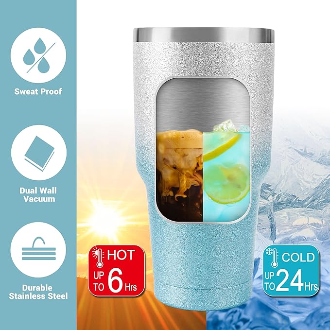 D·S 30 oz Tumbler Blue Glitter Gradient Cup Stainless Steel Double Wall Vacuum Insulated Mug with Straw and Lid, Cleaning Brush for Cold and Hot Beverages