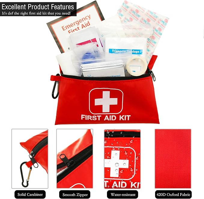 Small Emergency First Aid Kit Including 166 Pieces of Supplies to Clean, Treat, and Protect Minor Injuries for Outdoors, Camping, Auto, Home, and Workplace
