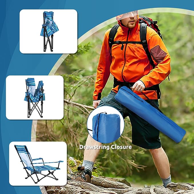 HaSteeL Folding Beach Chair Set of 2, Foldable Striped Camping Chairs for Outside, Low Beach Chair Portable for Adults Fishing, Picnic, Outdoor BBQ, Travel, Sports, Cup Holder & Storage Bag