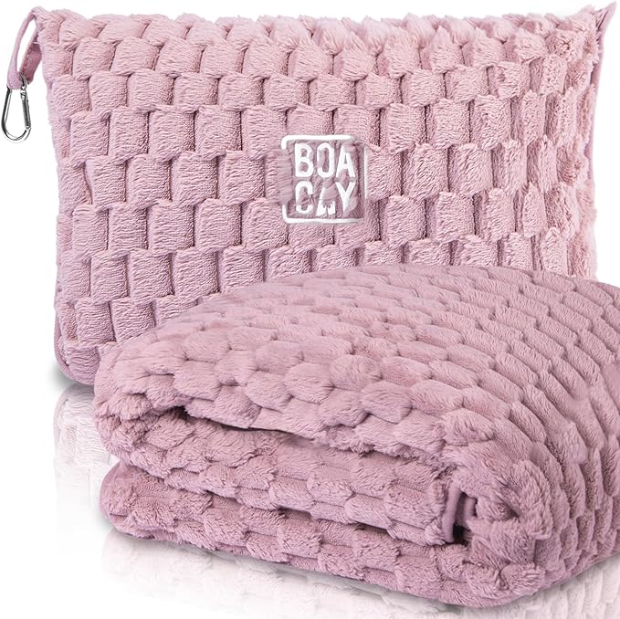 BOACAY Packable Travel Blanket for Airplane, Car - Compact Office Blanket - Portable Pillow for Adults, Kids with Case, Luggage Sleeve, Backpack Clip