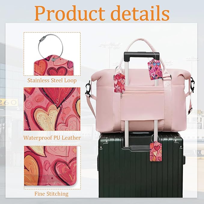 Love Luggage Tags for Suitcases, 3 Pack Leather Bag Tag Identifiers with Stainless Steel Loop and Address Card for Men Women