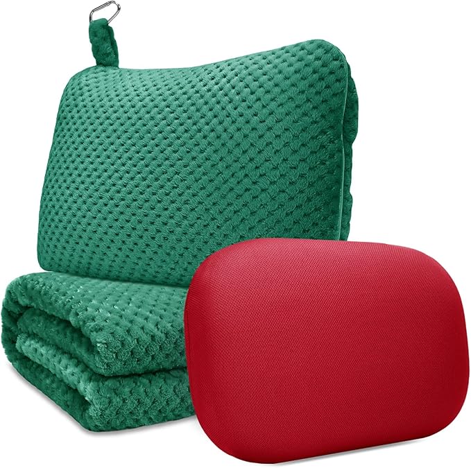 urnexttour Travel Pillow Blanket Set-3 in 1 Travel Pillow Memory Foam, Soft Travel Blanket Airplane Compact with Bag, Inner Pillowcase, Hand Luggage Belts and Backpack Clip, for Plane Car, Green