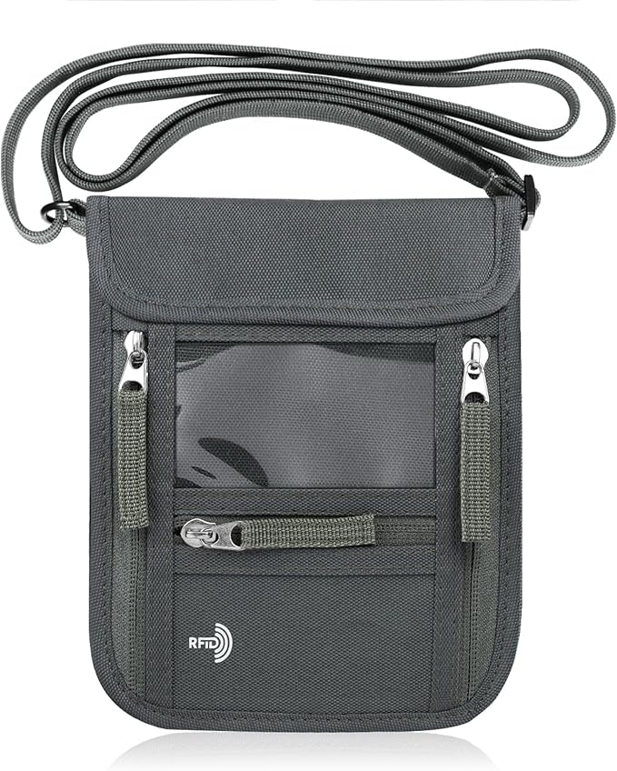 WALNEW Passport Holder Neck Pouch Travel Wallet for Women and Men, RFID Blocking Security Slim Traveling Wallet with Around Neck Lanyard Strap, Gray