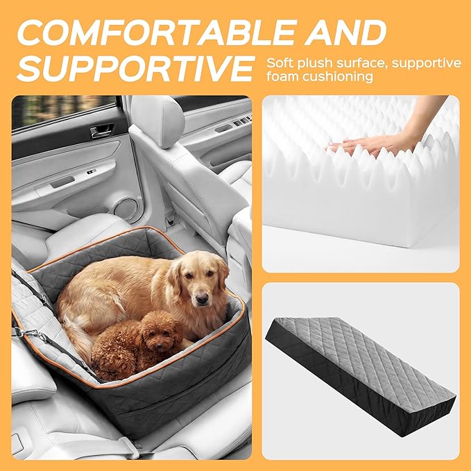 HiPetpy Dog Car Seat Elevated Memory Foam Booster Seat for Large Medium Dogs Under 55 lbs with Pet Blanket, Washable Pet Car Seat with Safety Leash, Anti-Slip Base and Storage Pockets