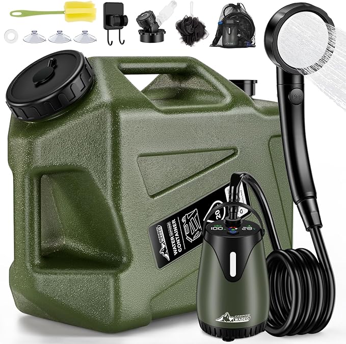Portable Shower for Camping with 5-Gallon Water Jug, 6000mAh Rechargeable Outdoor Camping Shower Kit, IPX8 Waterproof Pump, Easy to Store for Hiking, Beach, 5-Mode Shower Head