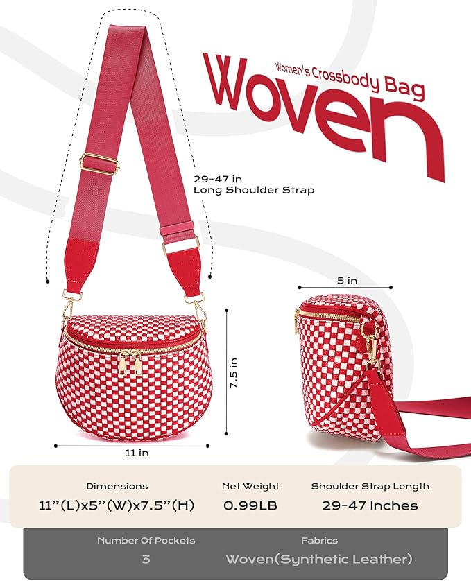 Trendy Woven Checkered Crossbody Bum Bag for Women，PU Leather Checkered Purse Fanny Packs Belt Bag (Woven Bum Bag - Red White)