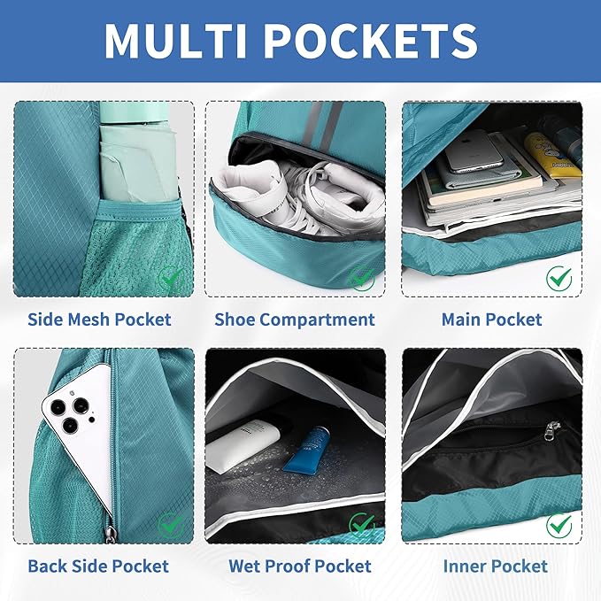 JELUTAR Drawstring Backpack Gym Bag with Shoes Compartment for Soccer, Basketball, Swim, Water-Resistant String Backpack Beach Cinch for Women Men, Teal