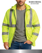 Bass Creek Outfitters Mens Rain Jacket - Waterproof Hooded High Visibility Safety Coat with Reflective Strips