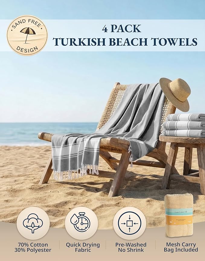 LANE LINEN Turkish Beach Towels Set of 4 - Oversized Beach Towel 39"x71", Durable Sand Proof Towel, Absorbent & Quick Dry, Perfect for Pool or Travel – Alloy