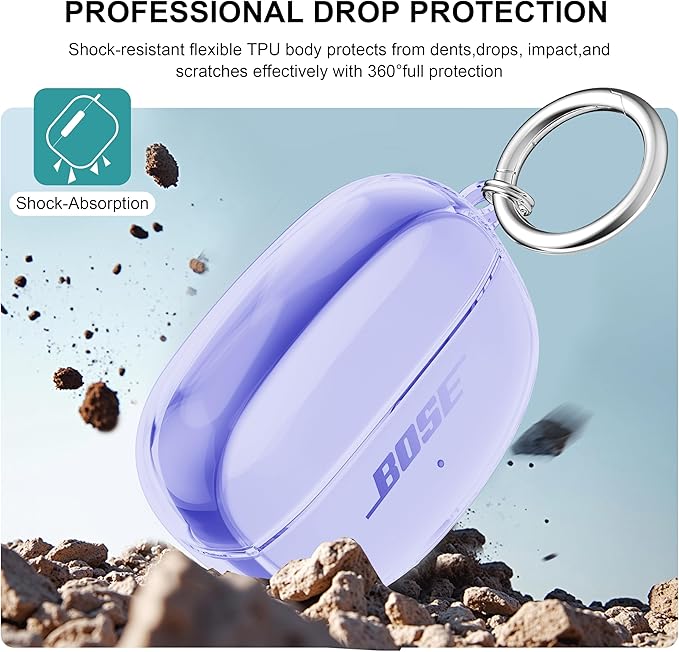 Aircawin for Bose Ultra Open Earbuds Case Clear 2024,Full Protective Shockproof Soft Transparent TPU Cover for Bose Open Ear Wireless Earbud Headphone Accessories with Carabiner& Cleaning Pen-Purple