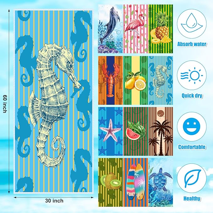 12 Pcs Oversized Microfiber Beach Towels Set 30 x 60 Extra Large Fiber Swim Pool Towel Absorbent Bath Blanket for Travel Vacation Accessories Gift Spa Soft Lightweight(Tropical)