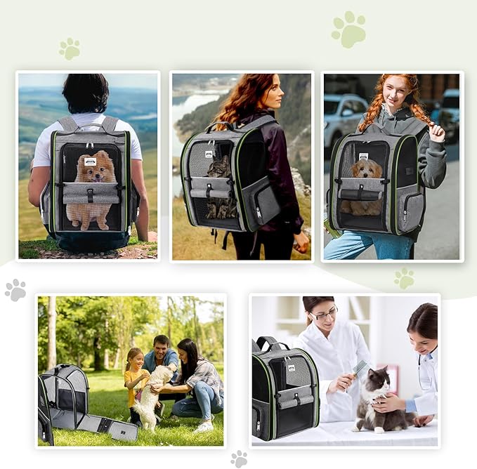 Large Cat Backpack Carrier Expandable Pet Carrier Backpack for Small Dogs Medium Cats Fit Up to 18 Lbs,Dogs Foldable Puppy Backpack Carrier for Travel, Hiking,Grey with Green Edge,L