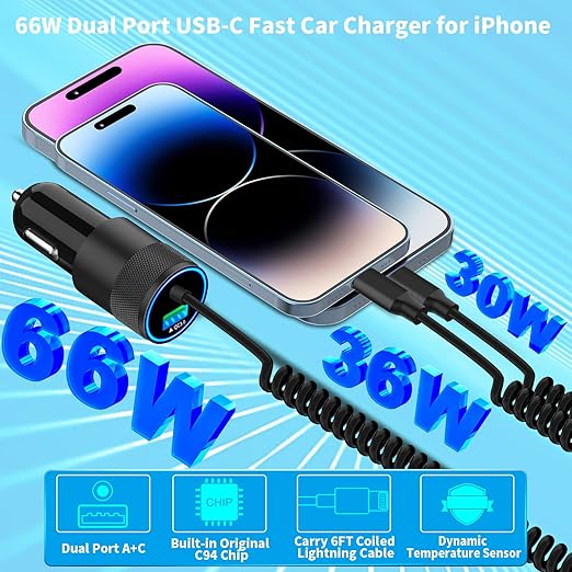 [Apple MFi Certified] iPhone Car Charger Fast Charging, Braveridge 4.8A USB Power Cigarette Lighter Car Carplay Charger Adapter with 6FT Coiled Lightning Cable for iPhone 14 13 12 11 XS XR X 8 SE iPad