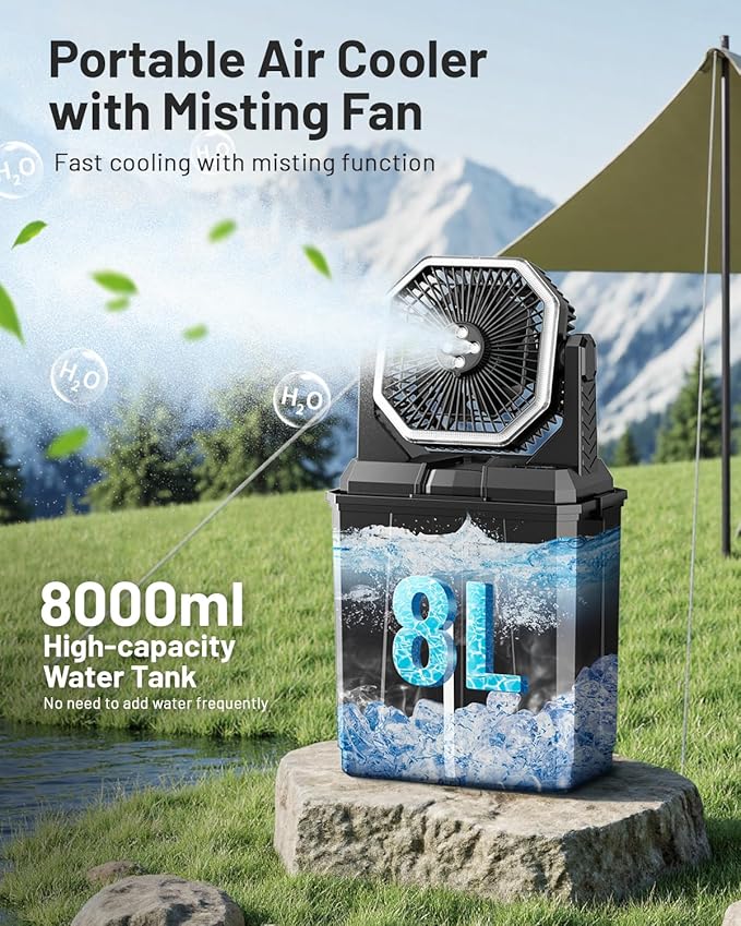 Allsion Rechargeable Misting Fan, 24000mAh Camping Misting Fan with 8L Water Bucket, 3-Speed Outdoor Cooling Fan with LED Lights, 120°Oscillation for Camping, Backyard, Patio,Outdoor-Black