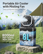Allsion Rechargeable Misting Fan, 24000mAh Camping Misting Fan with 8L Water Bucket, 3-Speed Outdoor Cooling Fan with LED Lights, 120°Oscillation for Camping, Backyard, Patio,Outdoor-Black