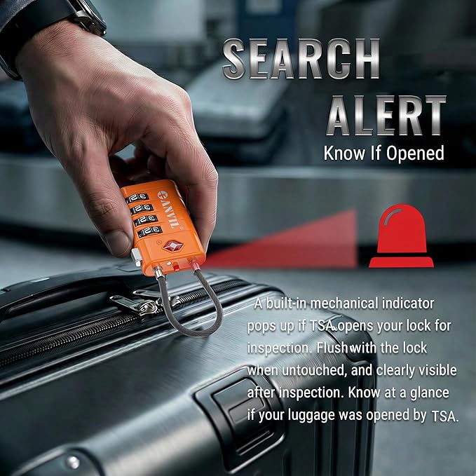 ANVIL TSA Approved Luggage Locks with Search Alert Indicator, 4-Digit Combination Suitcase Lock, Advanced TSA008 Core Heavy Duty Anti-Theft Travel Lock for Double Zippers, Backpacks (4, Orange)