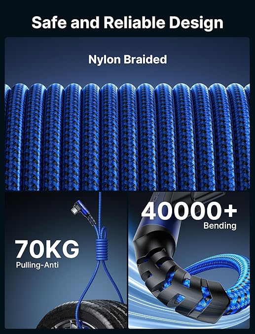JSAUX 100W USB C Cable [2-Pack 10FT], Right Angle Fast Charging Cord with USB A to C Adapter for iPhone Air/iPhone 17/ iPhone 17 Pro/iPhone 17 Pro Max, iPhone 16/15, Samsung, MacBook, iPad - Blue