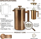 YJX 34oz Coffee Maker, Stainless Steel French Press, 1 Liter Camping Coffee Pot, Tea Maker, 34 Ounce Travel Coffee Presses, Heat Resistant Double Insulated (Coppery)