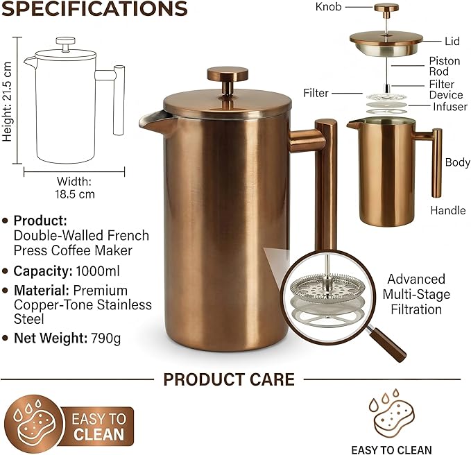 YJX 34oz Coffee Maker, Stainless Steel French Press, 1 Liter Camping Coffee Pot, Tea Maker, 34 Ounce Travel Coffee Presses, Heat Resistant Double Insulated (Coppery)