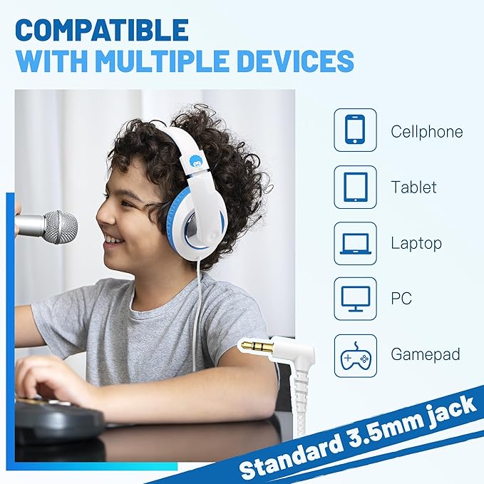 rockpapa Comfort Kids Headphones for School, Lightweight Foldable Portable Childs Boys Girls Teens Headphones Wired 3.5mm with 4.9ft Cord for Travel Airplane Tablet Phone Pad Laptop White/Blue