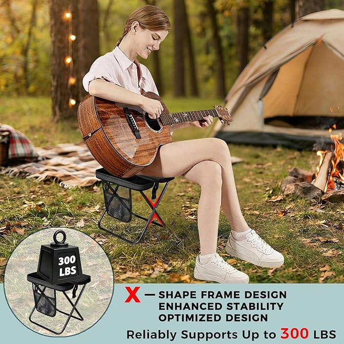 16" Portable Collapsible Stool - Folding Chair with Storage Pouch, Convertible Satchel for Hands-Free Carry & Supports 300Lbs, Ultralight for Hiking, Fishing, Camping, Festivals (Black, Large)
