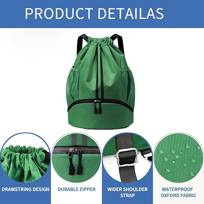 JELUTAR Drawstring Backpack Gym Bag with Shoes Compartment for Soccer, Basketball, Swim, Water-Resistant String Backpack Beach Cinch for Women Men, Dark Green