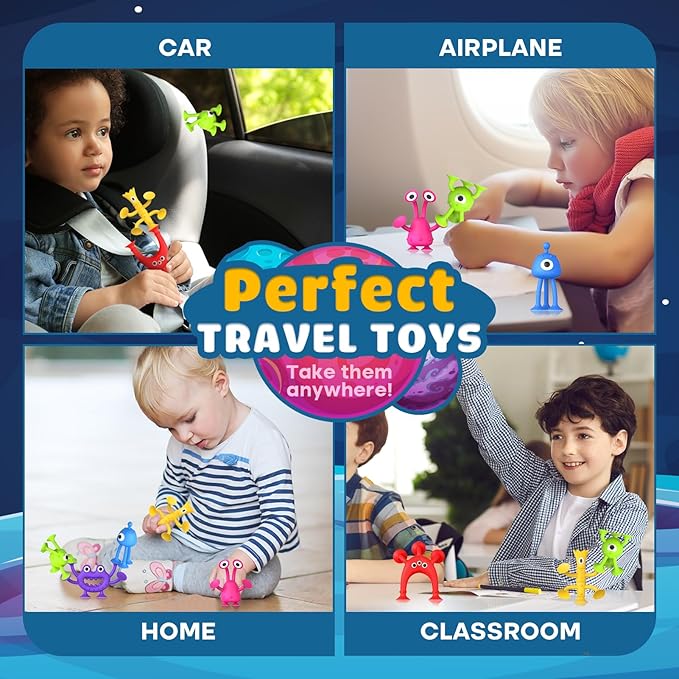 Suction Toy Toddler Bath Toys: No Hole Bath Toy for Boys Girls - 18PCS Sensory Fidget Toys for Kids - Window Building Toy Gooide Bag Stuffers - Travel Essentials Road Trip Activities for Kids Gifts