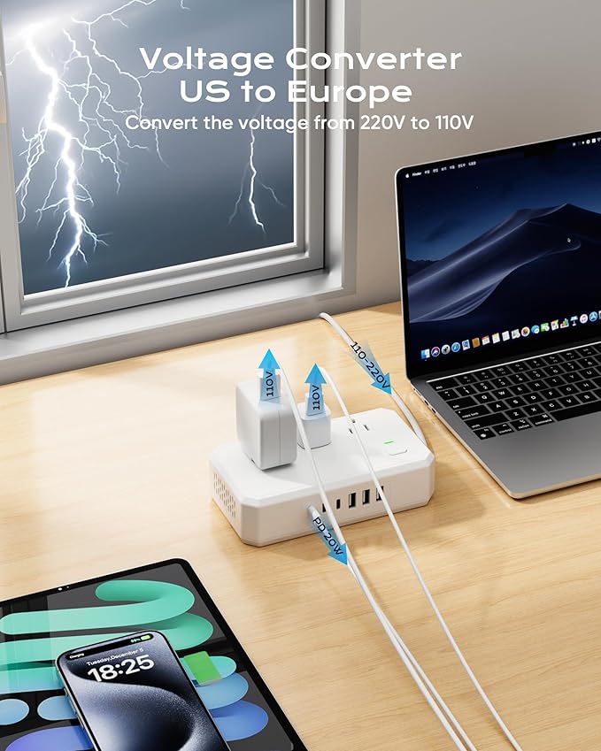 US to Europe Travel Adapter 220V to 110V Voltage Converter with 4.5A 6-Port USB Charging and UK/AU/US/EU Worldwide Plug Adapter