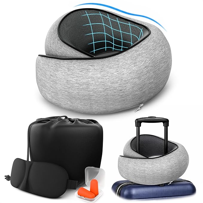 Travel Neck Pillow – 4-in-1 Set | Adjustable Memory Foam Airline Pillows for Sleeping on Long Flights, Earplugs, Eye Mask, & Cover | Cotton Cover, Hook-and-Loop Closure – Car and Train Use, G-Shaped