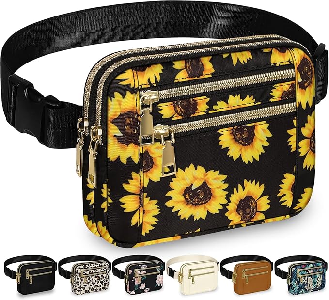 Capolo Fanny Packs for Women Fashion Waist Packs Bag with Adjustable Strap and 4 Zipper Pockets Waterproof Everywhere Crossbody Belt Bag for Workout Running Travelling(Sunflower, Large)