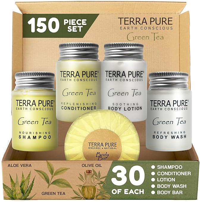 Terra Pure Hotel Soaps & Toiletries Bulk Set | 1-Shoppe Amenities Kit | 1oz Shampoo & Conditioner, Body Wash, Lotion, 1.25oz Bar Soap | Travel Size | 150 Pieces