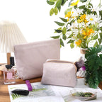 Huhumy 2 Pcs Makeup Bag Set Cute Cosmetic Pouch for Women Seersucker Travel Toiletry Bag Preppy Small Makeup Purse Pouch Aesthetic Skincare Brushes Storage Organizer for Valentine Women(Khaki)