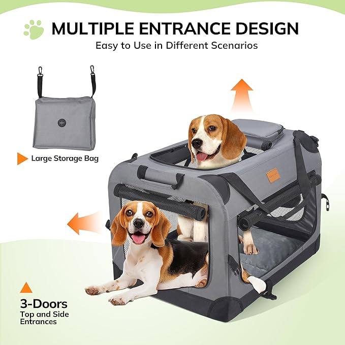 Morpilot 28-inch Portable Collapsible Dog Crate: Travel Dog Crate Soft-Sided for Small Medium Dogs up to 40lbs, with Foldable Bowl, Shoulder Strap & Storage Pockets, Grey